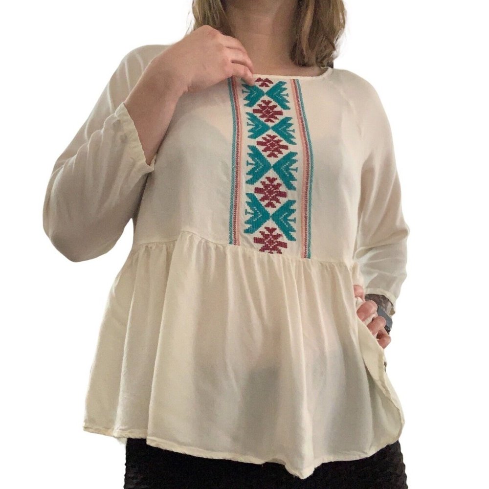 Roxy Womens Small Embroidered Landslide Top Peplum Peasant Blouse Boho